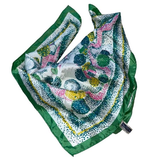 JAPAN Vintage green yellow Dot Art circles print hand rolled sewn 22" sq… - Picture 4 of 4